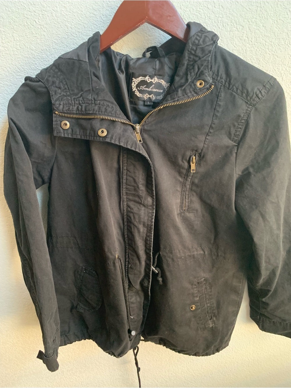 Ambiance Black Hooded Field Jacket with Zip & Snap Placket